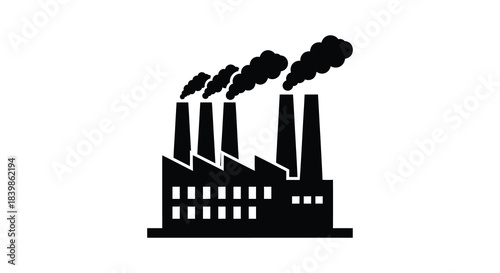 Industrial complex with smokestacks emitting pollution a stark black and white silhouette