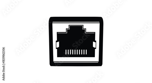 A black and white illustration of an ethernet port clearly defined in a strong silhouette