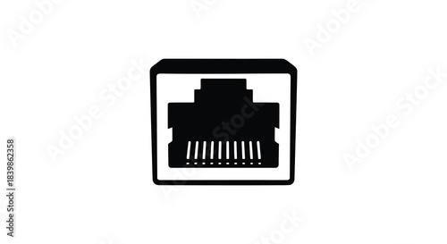 A black and white illustration of an ethernet port within a rectangular frame silhouette