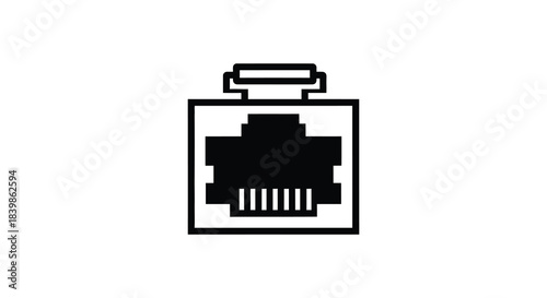 A simple black and white graphic of an ethernet port connector presented as a silhouette