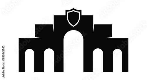 A striking black fortress design with an arched gateway and shield emblem a bold silhouette