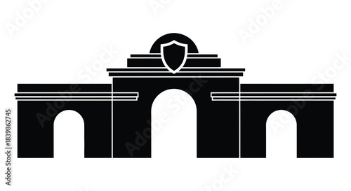 A striking black silhouette of an ornate archway with shield detail a bold graphic image silhouette