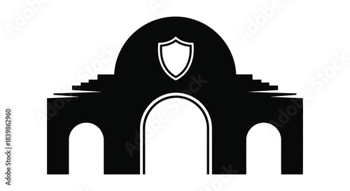 A striking black silhouette of an arched building with a shield design detailed and bold silhouette