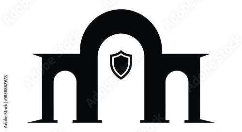 A striking black and white emblem featuring an arched gateway and shield a bold silhouette