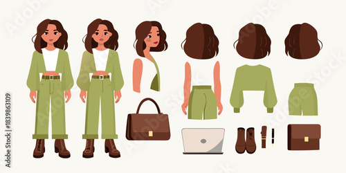 Fashion model character design sheet with various poses and clothing items