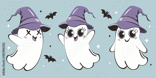 Cute halloween ghosts wearing purple witch hats with flying bats