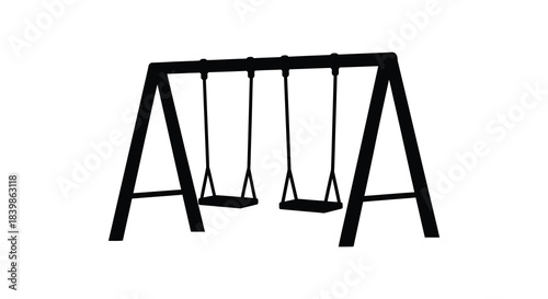 A simple drawing of a playground swing set with two swings a dark silhouette