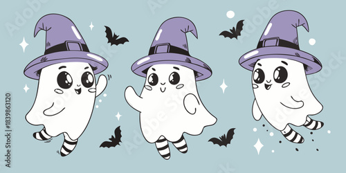 Three adorable ghosts wearing purple witch hats float amongst sparkling bats