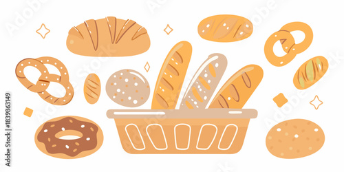 Assorted freshly baked breads pastries and a basket filled with delicious treats