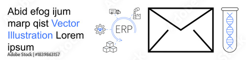 Business management, logistics, supply chain, enterprise software, data exchange, scientific analysis. Icons include ERP circular diagram, mail envelope DNA helix test tube. Logistics and business