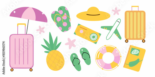 Colorful summer vacation items including luggage beach accessories and tropical fruits