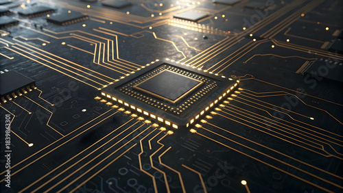Printed circuit board background showing the electronic circuits, computer chip hardware, and digital processor technology