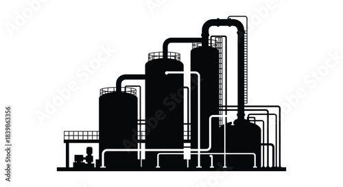 Industrial complex with large tanks and connecting pipes a striking dark silhouette