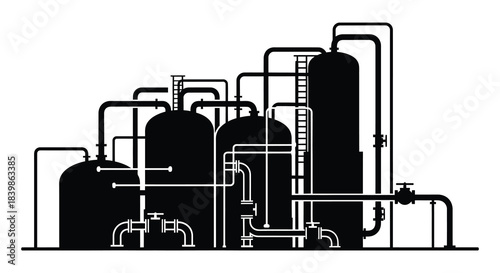 Industrial complex with interconnected tanks and pipes presented as a striking black silhouette