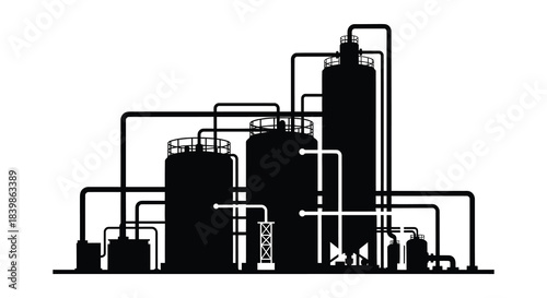 Industrial complex with interconnected tanks and piping a striking black and white silhouette