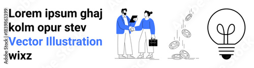 Business teamwork, innovation, financial growth, idea generation, partnership, entrepreneurship. Two professionals shaking hands, coins falling a lightbulb ideas. Business teamwork and innovation