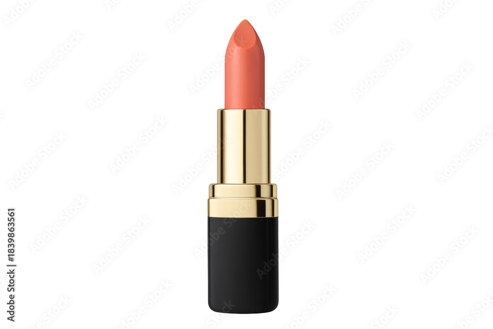 Fototapeta premium Coral lipstick in gold and black tube on transparent background