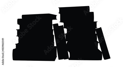 A stark arrangement of stacked books presented in a dramatic black and white silhouette