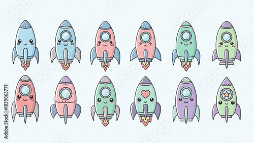 Kawaii Space Rocket Illustration Set – Cute Pastel Rockets and Universe Icons