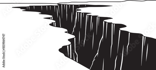 Black and white illustration of a deep canyon chasm