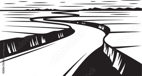 Black and white illustration of a winding river through a landscape Keywords: river, winding