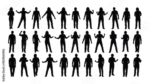 a collection of diverse human figures represented in dark silhouettes displaying various poses and activities silhouette