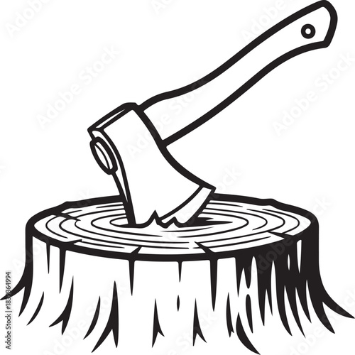 Black and white illustration of an axe in a tree stump Keywords: axe, tree stump, wood, chopping