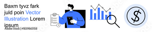Business operations, data analysis, financial performance, market research, auditing, monetary overview. A person analyzing documents with graphs, magnifying glass dollar sign. Data analysis