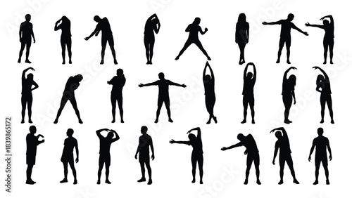 a collection of various human figures depicted in dynamic poses shown as a striking black silhouette