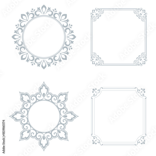 Set of decorative frames Elegant vector element for design in Eastern style, place for text. Floral gray and white borders. Lace illustration for invitations and greeting cards