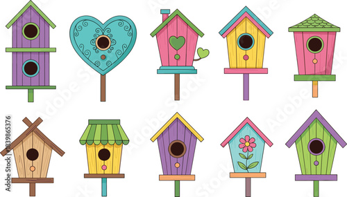 Whimsical birdhouse collection with colorful designs, unique shapes, and decorative elements for garden, craft, and home decor themes