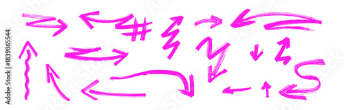 Acid graffiti arrow vector set neon pink crayon strokes mixed with ink, paintbrush and charcoal. A collage collection of comic drawing elements Ideal for graffity collage or mosaic textures