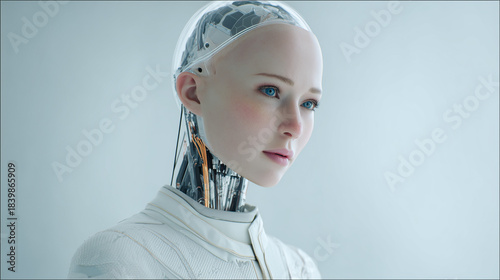 白い背景で横顔を見せる女性型ヒューマノイドロボットの未来的なポートレート