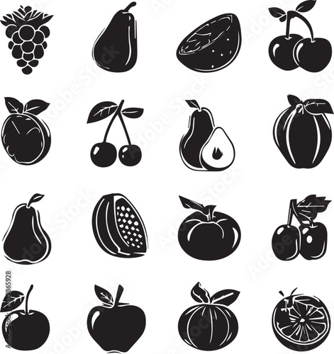 Black vegetable icons showcasing diverse healthy food elements in silhouette style silhouette black and white 