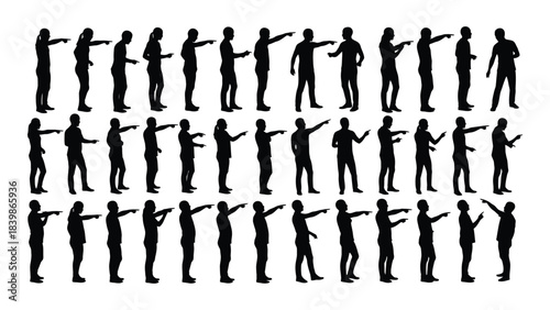 a series of human figures arranged in rows and columns all depicted as dark shapes silhouette