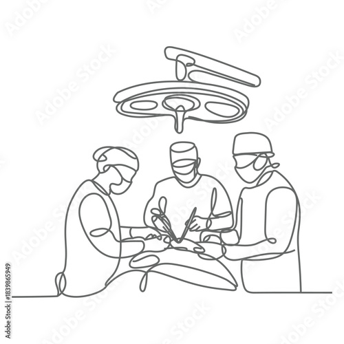 Single continuous single line drawing group of team surgeon doctor doing surgery operation to the patient with critical condition. Operating surgery concept one line draw design vector illustration.