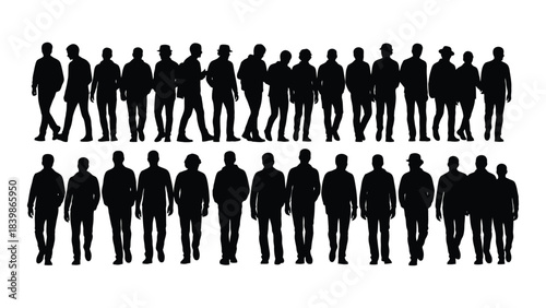 a large group of people standing closely together arranged in two rows depicted as a striking silhouette