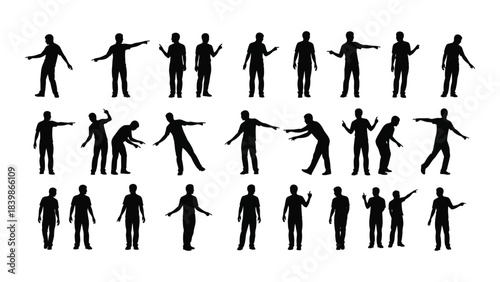 a collection of human figures depicted in various dynamic poses presented as a stark black silhouette