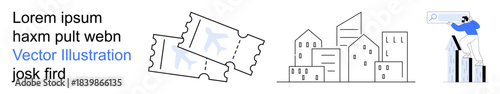 Urban planning, online services, ticketing, business analytics, architecture, city planning. Tickets, buildings and a character using a search bar. Urban planning and online services concept