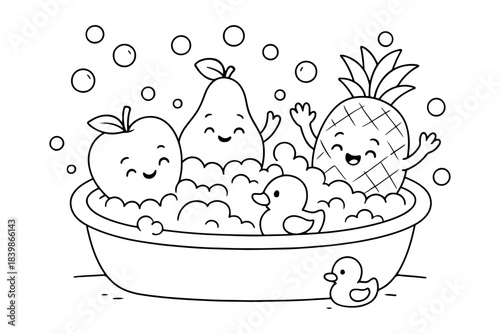 Cute Cartoon Fruits Taking a Bubble Bath with Rubber Ducks, Black and White Line Art