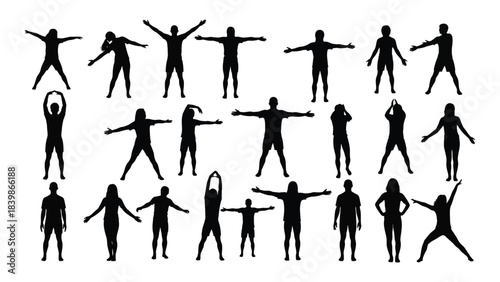 a collection of human figures in various poses displayed as a striking black and white silhouette