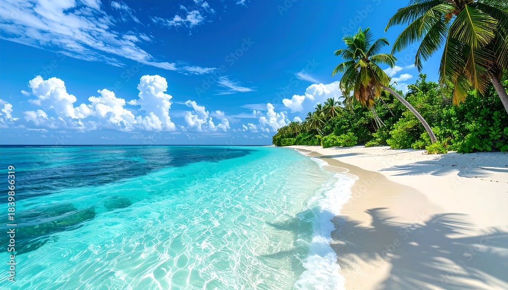Fototapeta premium Tropical beach scene with clear turquoise water, white sand, lush green trees, and a bright blue sky with fluffy white clouds