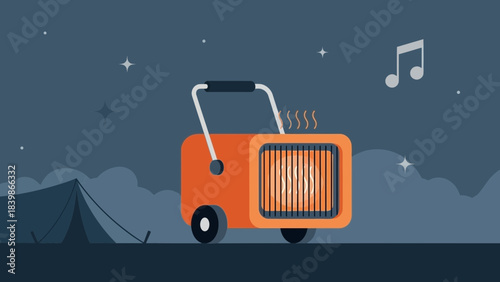 Portable electric space heater radiating warmth next to a tent under a starry night sky suggests cozy outdoor comfort and music