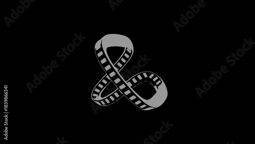 Stylized film strip twisted into an infinite mobius loop symbol against a stark black background representing endless cinema