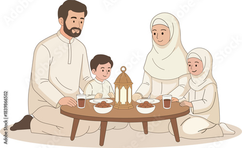 Muslim Family Eating Iftar Eid Meal for Ramadan 