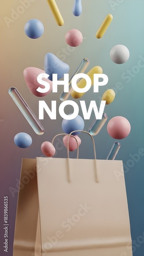 Shopping bag overflowing with colorful abstract objects and shop now text