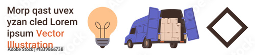 Business innovation, logistics, transportation, creativity, inspiration, geometric elements. Lightbulb, truck loaded with boxes diamond shape. Business innovation and logistics concepts