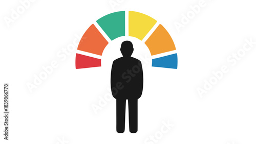 Silhouette of a person standing against a black background with a semi-circular gauge of colorful segments displaying a spectrum of colors above their head representing a scale or rating in a digital
