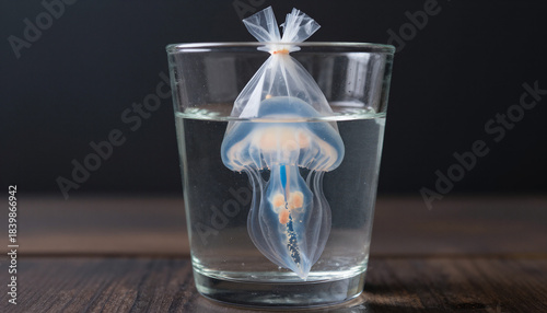 Glass of water with a plastic bag jellyfish floating inside, microplastic pollution concept