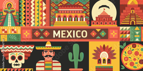 A vibrant mosaic of iconic mexican symbols and cultural elements